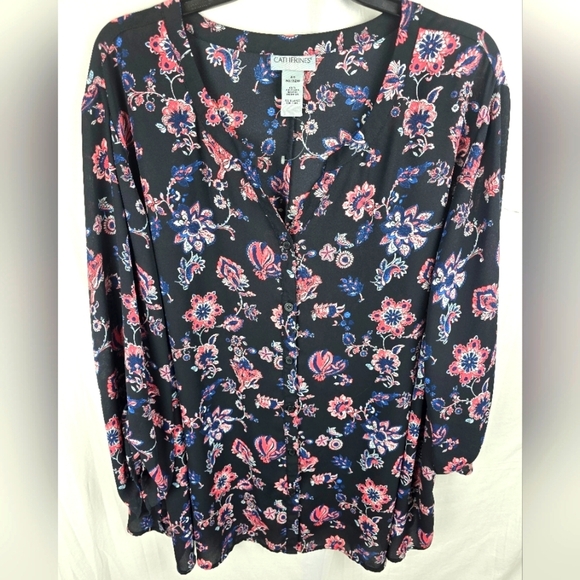 Catherines Tops - Catherine's Women's Black Floral Rolltab Sleeve Button Up Blouse Sz 4X